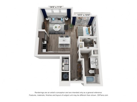 Floor plan for studio, 1 bath, 663 sqft